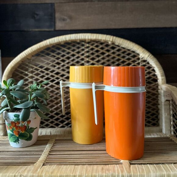 Vintage Other - Vintage Mustard Yellow & Orange Thermos Pint Size 7202 Vacuum Jar 8.5" Tall